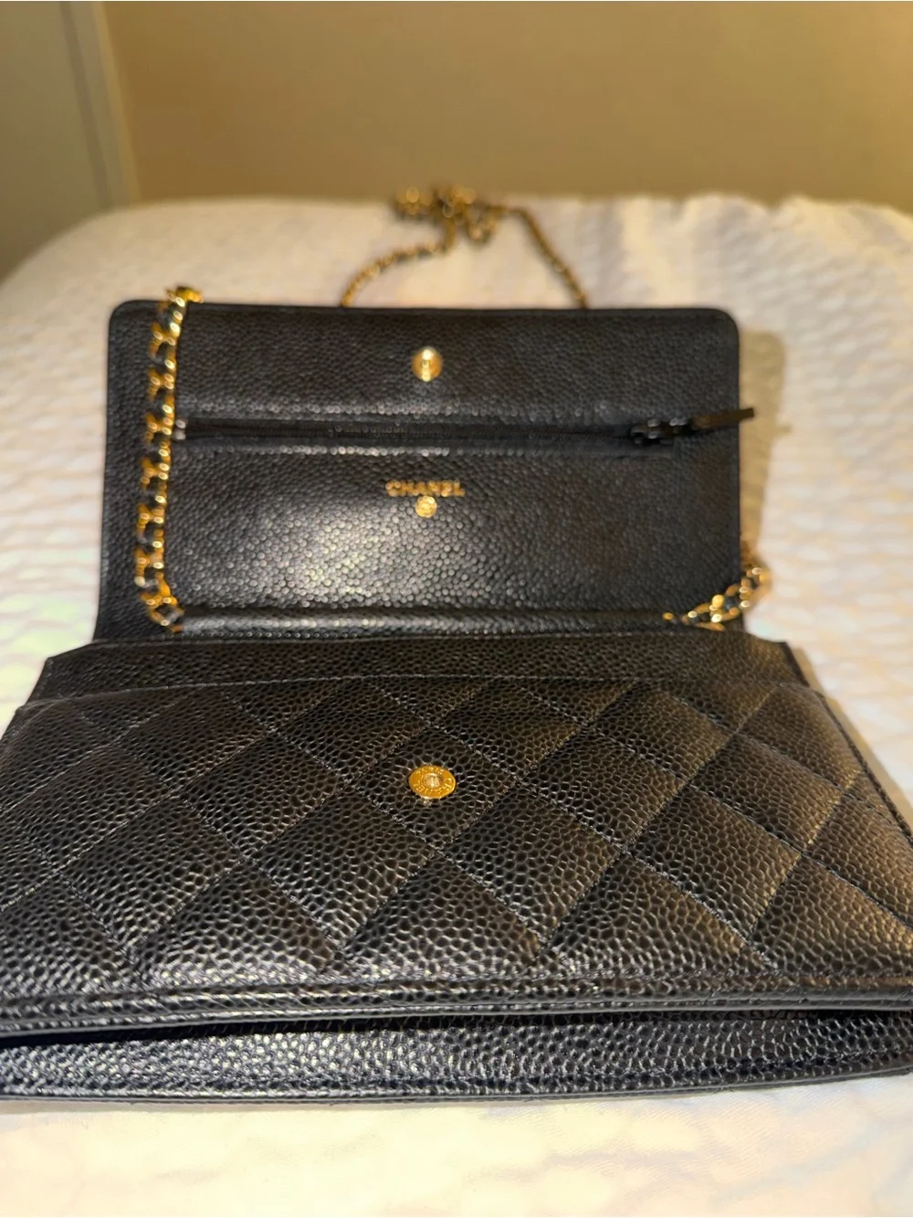 CHANEL Black Quilted Caviar Leather Wallet on Chain with Gold CC